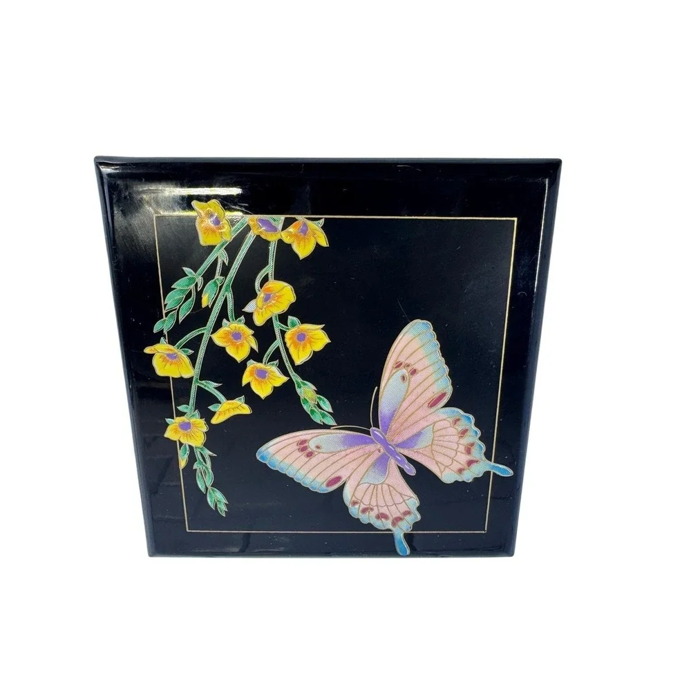 San Francisco Music Box Company Black Butterfly Floral Lacquer Jewelry Box